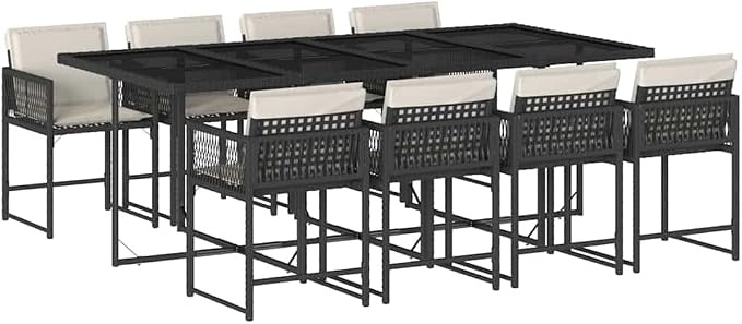 9 Piece Patio Dining Set for 8, Outdoor Poly Rattan Garden Table and Chairs with Cushions, Space-Saving Foldable Furniture for Backyard Deck