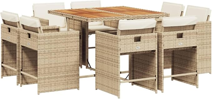Beige Poly Rattan 9 Piece Patio Dining Set with Cushions for 8, Foldable Chairs and Acacia Table for Outdoor Garden Backyard Comfort Seating