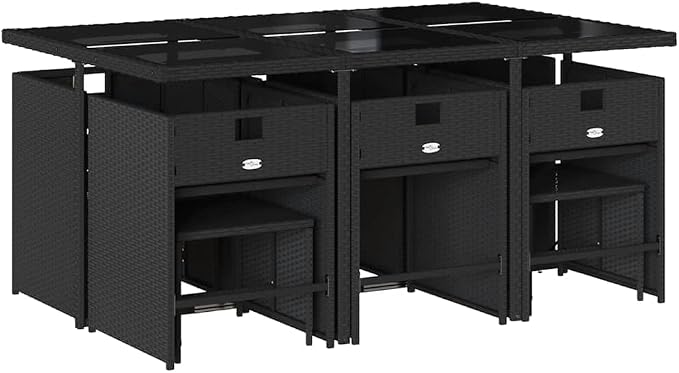 11-Piece Black PE Rattan Patio Dining Set with Cushions | Includes 10 chairs and a tempered glass table, providing spacious outdoor seating for family dining and gatherings.