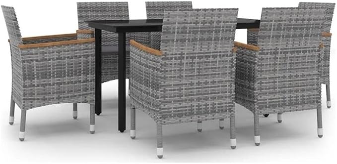 Afuera Living 7-Piece Patio Dining Set, Rectangular Glass Table, Powder-Coated Steel Frame, Weatherproof PE Rattan Chairs, Gray Cushions, Black/Gray Finish, Outdoor Garden, Terrace, or Patio Furniture