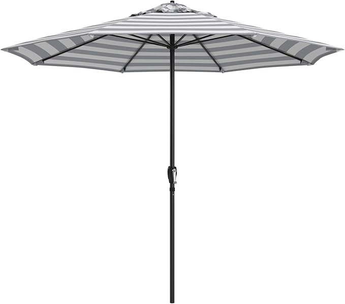 California Umbrella 8-Year Protection 9 Ft Outdoor Patio Umbrella, Solstice Fade-Resistant Fabric, Auto-Tilt, Heavy Duty Aluminum Frame, 8 Reinforced Ribs for Pool or Deck, Black Pole, Gray White Cabana Stripe