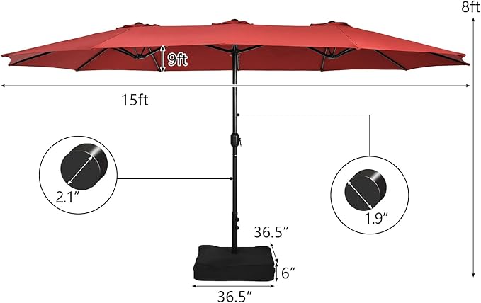 Tangkula 15FT Double-Sided Patio Umbrella with Base, Extra-Large Market Umbrella W/Crank System, Outdoor Twin Umbrella W/ 12-Rib Metal Structure & Air Vents for Garden, Backyard, Poolside (Burgundy)