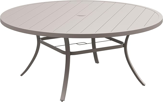 DIFY 63" Round Outdoor Patio Dining Table for 8-10, Metal Patio Table with 1.57" Adjustable Umbrella Hole, All-Weather Outdoor Furniture Table for Garden Backyard Deck, Sandshell