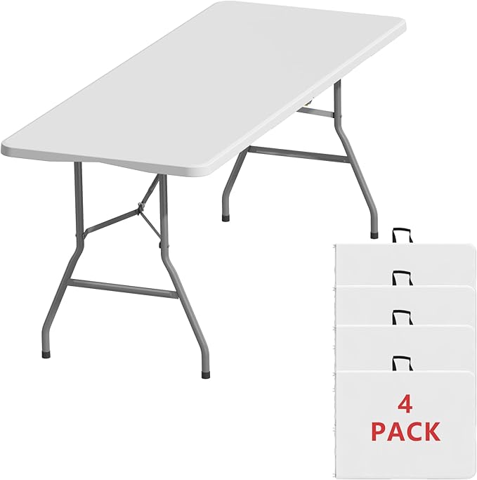 6FT Folding Tables – Heavy Duty Portable Foldable Picnic Table with Built-in Handle, 450 lb Capacity – Ideal for Events, Parties, Crafts, Camping & Dining (4-Pack, White)