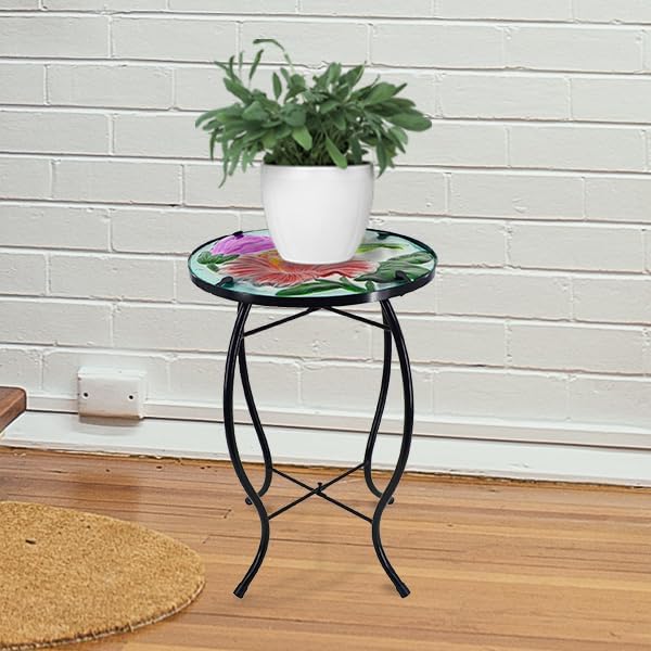 12 Inch Round Hummingbird Glass Side Table, Patio Small Table, Outdoor Side Table, Outdoor Bar Table, Metal Glass End Table for Porch Garden Patio Pool Living Room