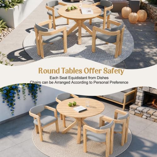 44.5 Inch Round Outdoor Dining Table, Premium Acacia Wood Patio Table, with X-Shaped Base, Slatted Wooden Table, for Garden, Backyard, Balcony and Indoor Use, Acacia Wood Finish
