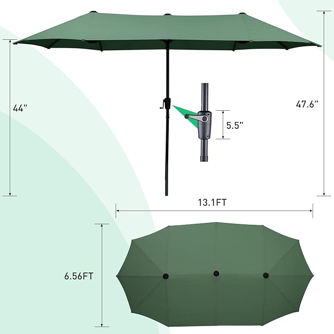 13 ft Patio Umbrella, Large Rectangle Outdoor Umbrella with Strap, Crank, Green
