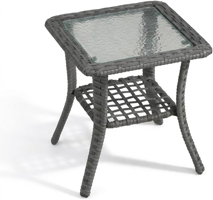 Patio Wicker Side Table - Rattan End Table with Glass Top for Outdoor Patio, Porch, Deck, Square ，Grey Wicker