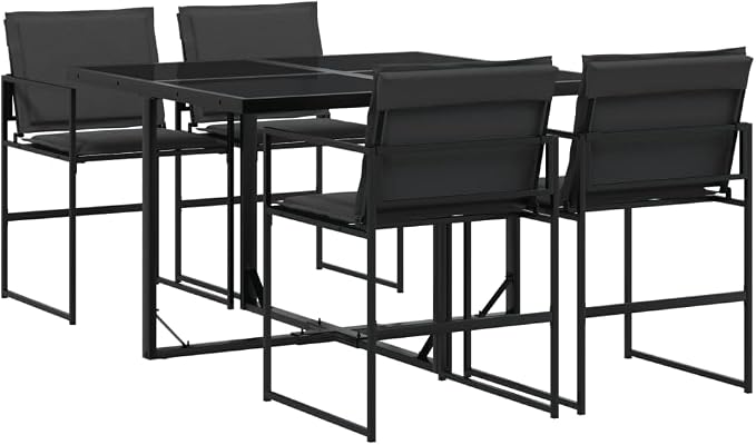 5 Piece Patio Dining Set with Cushions Black Textilene, Outdoor Garden Furniture with Foldable Chairs, Tempered Glass Table for Backyard, Poolside, Deck Entertaining, UV Removable Cushion Covers