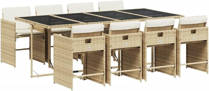 9-Piece Patio Dining Set, 8-Seater Garden Furniture with Cushions, Space-Saving Foldable PE Rattan Chairs and Tempered Glass Table, Beige