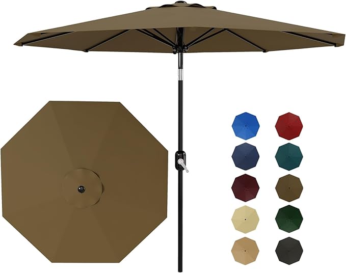 Garvee 9 ft Patio Umbrella - 8 Sturdy Ribs Outdoor Table Umbrella with Crank Lift & Push Button Tilt - Market Umbrella for Pool, Deck, Yard, Garden - Taupe