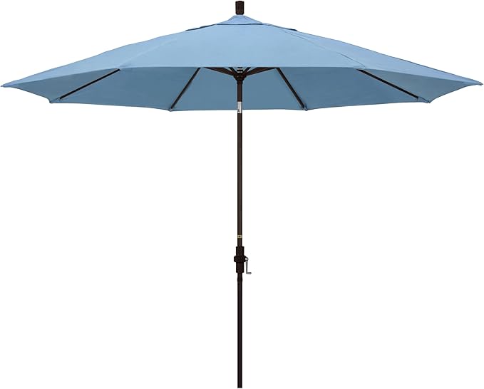 California Umbrella 11Ft Premium Sunbrella Patio Umbrella, Hand-Crank, Tilt-Collar, Bronze Frame, Air Blue Fabric