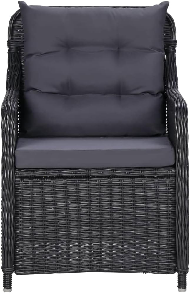3 Piece Patio Dining Set Black Outdoor Rattan Furniture with Cushions for Garden Backyard Porch, Glass Table and 2 Chairs Weatherproof