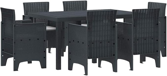 BOWERY HILL 7 Piece Poly Rattan Garden Dining Set, Anthracite Matte Finish, UV-Resistant Cushions, Rectangular Table, Durable Outdoor Furniture for Patio or Garden Dining, Seating for 6