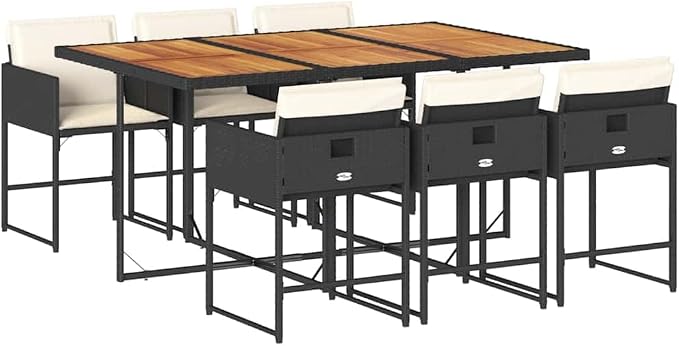 7 Piece Outdoor Patio Dining Set with Cushions Black Poly Rattan Wicker Acacia Wood Table Folding Chairs for Garden Backyard Deck