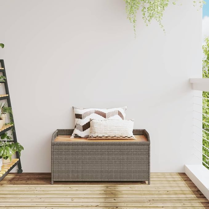 Gecheer Patio Rattan Deck Box Storage Bench Gray 39.4"x19.7"x20.5" Poly Rattan and Acacia Wood