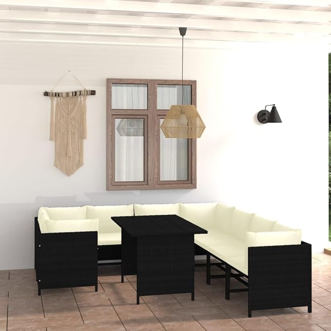 9-Pc Black PE Rattan Patio Set, Cream Cushions, 23.6"x23.6"x25.6", Sectional Sofa & Table, Outdoor Garden Balcony Pool Deck