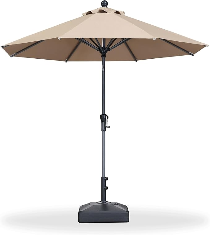 PURPLE LEAF 8' Round Patio Market Umbrella with Base Outdoor Table Umbrellas Aluminum Frame Sun Shade with 8 Sturdy Ribs Tilt for Garden Deck Lawn Pool Taupe