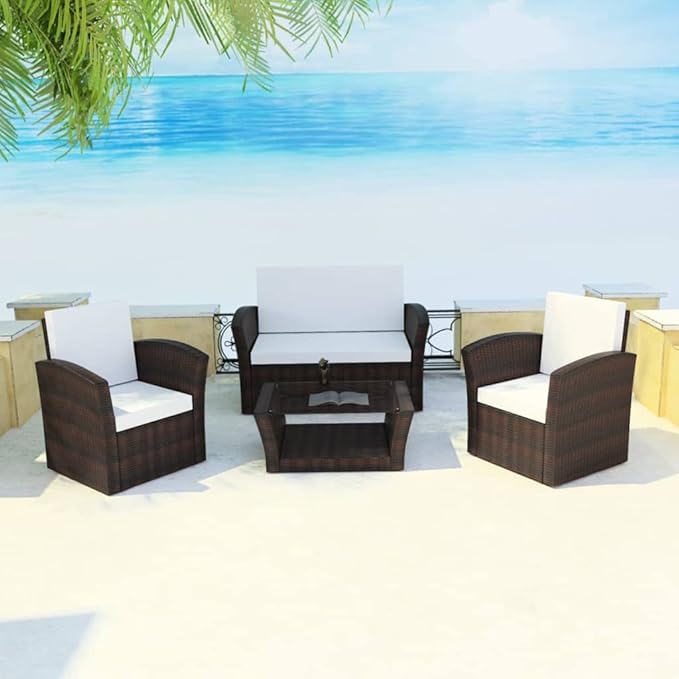 Patio Lounge Set with Cushions,Outdoor Patio Furniture,Conversation Furniture,Patio Furniture Sets,for Terrace,Garden,Backyard,4 Piece Poly Rattan Brown