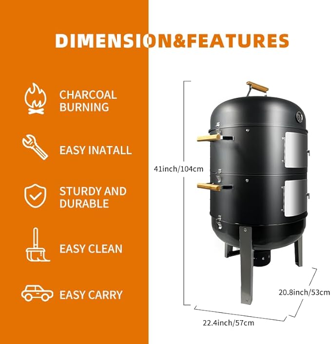 20.5" Smoker grill XXL built in thermometer Air vent 2 pcs doors Multi-Layer heavy duty Smoke BBQ with Rib hanger set with 4 Hooks Parties backyard