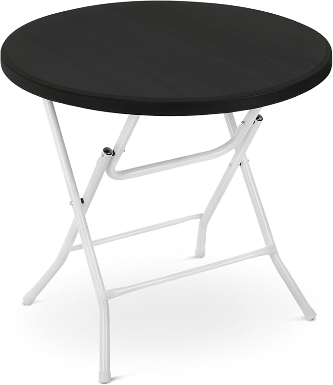 Athena Collection 2.6ft Folding Table, Portable Plastic Round Table Collapsible Card Craft Table with Steel Legs for Indoor Outdoor, Foldable Utility Dining Table for Commercial Camping Party, Black