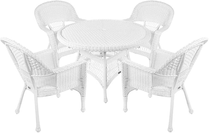 Pemberly Row 5-Piece Resin Wicker Outdoor Patio Dining Set, White Finish, Includes 4 Chairs and 1 Table, Steel Frame, All-Weather Fade-Proof Wicker, Durable Design for Deck, Patio, or Poolside Use