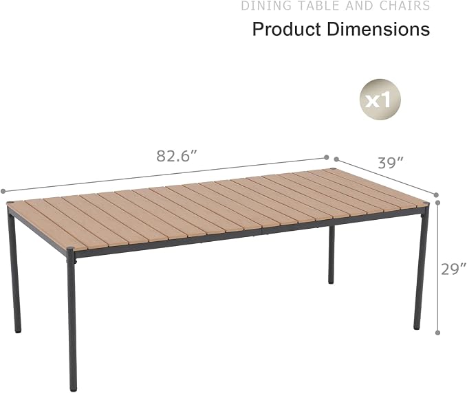 SUNSITT 82.6’’ Metal Outdoor Patio Dining Table, Weather-Resistant Large Outdoor Rectangle Table/WPC Tabletop & Adjustable Feet for 6-8 Person Porch Deck Garden, Black