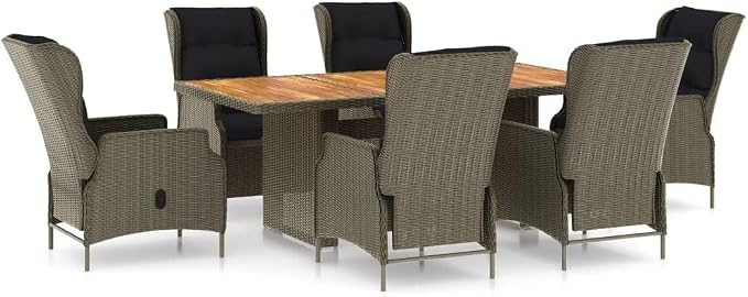 7 Piece Patio Dining Set with Cushions, PE Rattan Brown Outdoor Furniture Set with Adjustable Reclining Armchairs and Solid Wood Tabletop