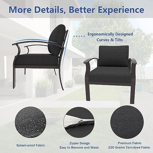 ALAULM Aluminum Patio Furniture Set with 40,000 BTU Round Propane Fire Pit Table 4-seat Metal Outdoor Furniture w/Swivel & Rocking Conversation Set for Patio, Lawn, Poolside（Black