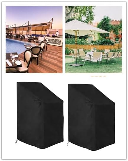 2 Pack Stacking Patio Chair Covers Waterproof Outdoor Chair Covers Dust Proof, Rainproof Garden High Back Chair Covers with Pouch, Black (29"L x 29"W x 47-1/4”H)