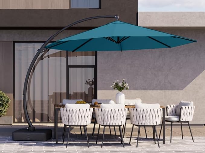 Kingdura 12ft Offset Cantilever Patio Umbrella with Base Included, Large Round Aluminum Outdoor Umbrella, 360° Rotation & Infinite Tilt, Heavy Duty Frame for Deck Pool Backyard, Lake Blue