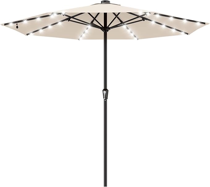 AreShark 11FT Large Patio Umbrella with Solar Lights, Lighted Solar Umbrella with Crank, Outdoor Table Market Umbrellas for Garden, Deck, Backyard, Pool and Beach, Cream-White