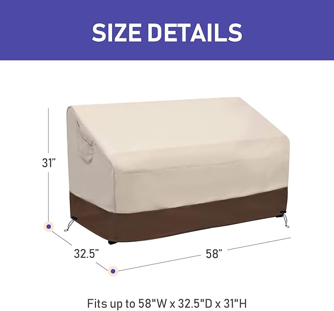 Roastove 100% Waterproof Outdoor Patio Sofa/Loveseat/Bench Cover, Lawn Patio Furniture Covers with Air Vent, Fits up to 58W x 32.5D x 31H inches, Beige & Brown…