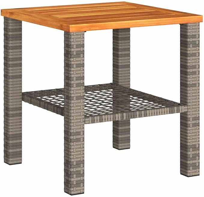 Small Garden Table with Acacia Wood Top, 15.7x15.7x16.5 Inch Patio Table Gray, PE Rattan Outdoor Side for Backyard