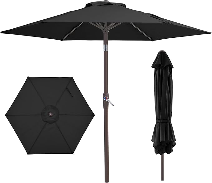 JEAREY 7.5FT Patio Umbrella Market Table Umbrella with 6 Sturdy Ribs, Push Button Tilt/Crank Outdoor Umbrella for Garden, Deck, Backyard,Dark Black
