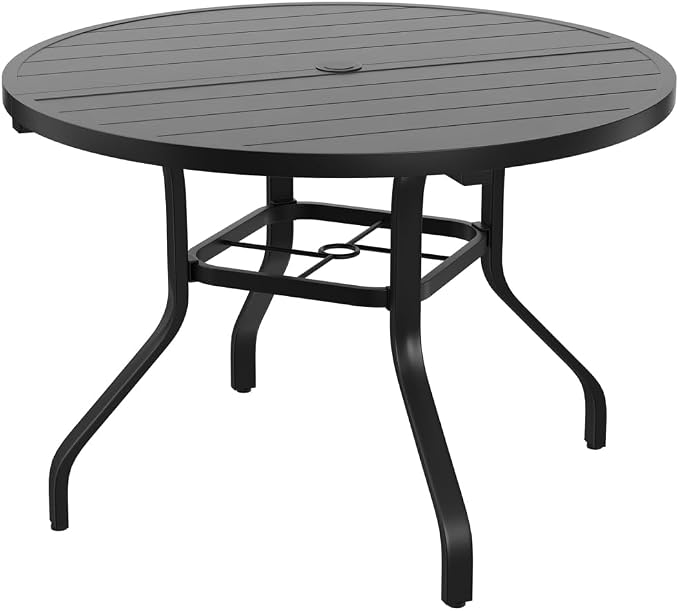 41" Round Outdoor Dining Table, Wood-Like Grain with 1.57" Umbrella Hole, for Backyard and Poolside (Black + Metal & Wood)