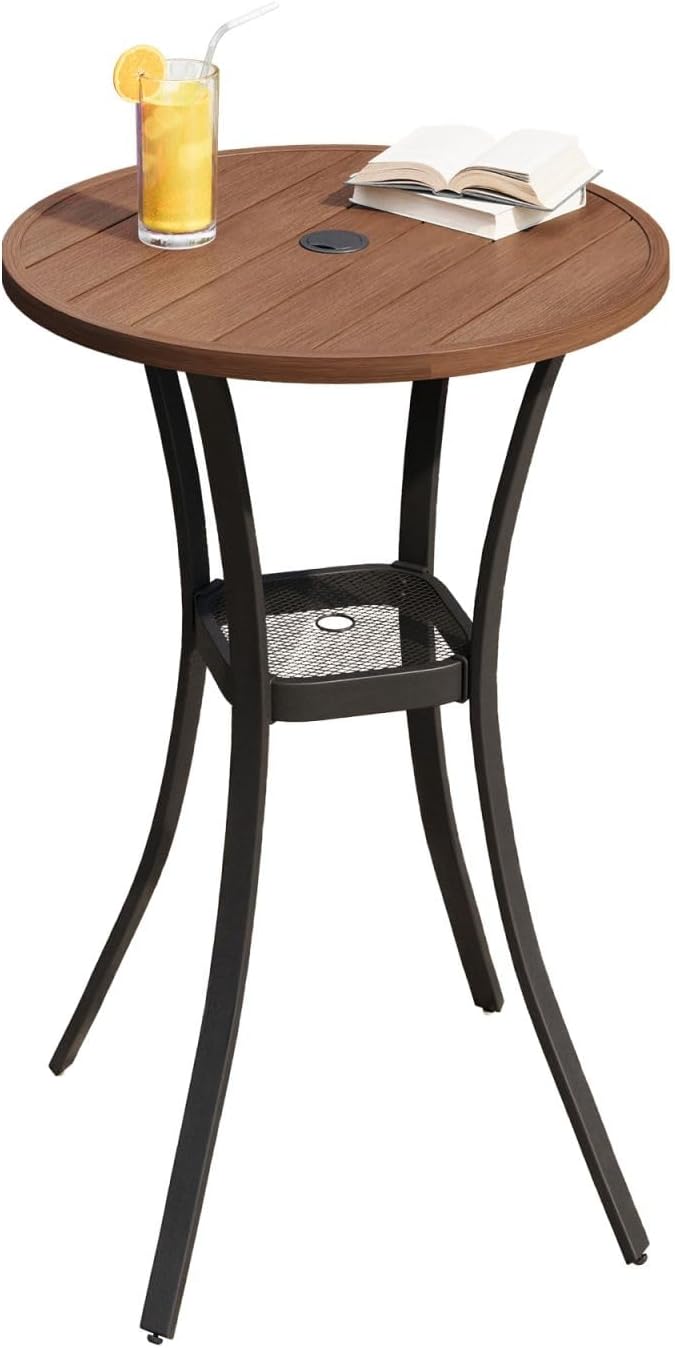 DIFY Patio Bar Height Table, Walnut 28" Round Outdoor Pub Table with 1.57" Umbrella Hole for Bistro, Garden, Poolside and Balcony