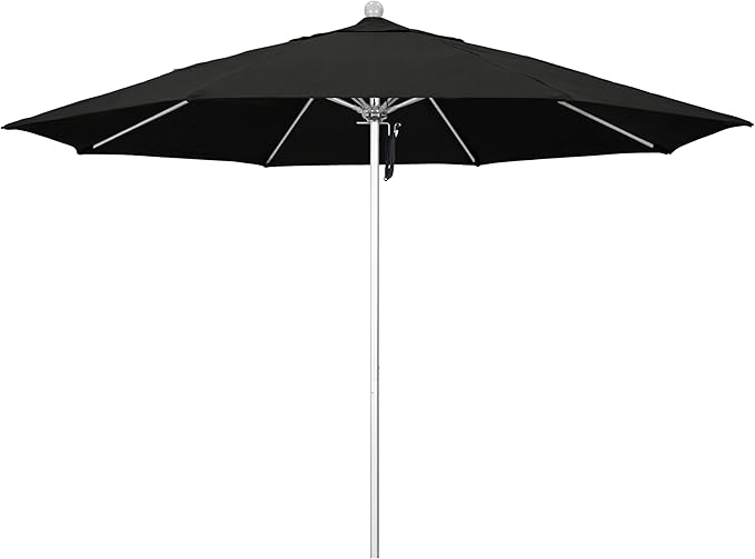 California Umbrella 11Ft Commercial Grade Sunbrella Fabric Market Umbrella, Pulley Lift, Aluminum/Fiberglass, 2mm pole wall, Silver Frame, Black Fabric