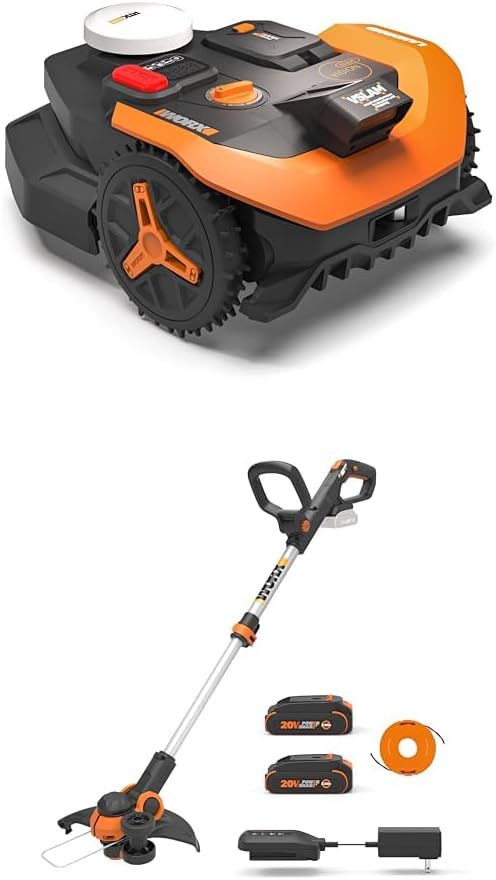 WORX Landroid Vision Cloud Robot Lawn Mower WR310 for 1/4 Acre + Cordless String Trimmer & Edger WG163 12" with 2 Batteries Bundle