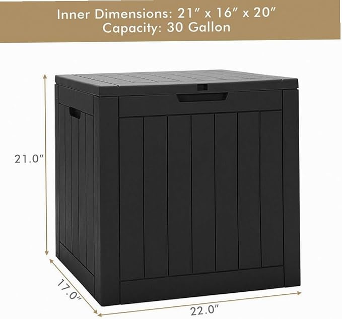 Black 30-Gallon PP Woodgrain Deck Box Outdoor Storage Seat with Waterproof Lid, 22x17x21in for Patio