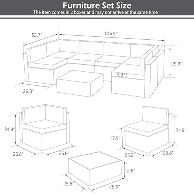 U-MAX 7 Piece Outdoor Patio Furniture Set with 30 Inch Fire Pit Table, PE Rattan Wicker Sofa Set, Outdoor Sectional Furniture Chair Set with Cushions and Tea Table, Grey Rattan&Dark Blue Cushion