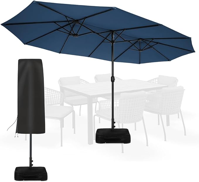 Sundale Outdoor Olefin 5-Year-Non-Fading 15 ft Patio Umbrella with Sand Bag Base and Cover, Large Outdoor Double-Sided Umbrella