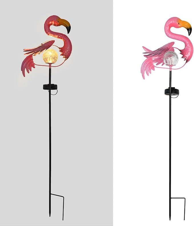 Pink Flamingo Lawn Light Garden Decor Solar Lights, for Yard Outdoor Decorations Ground Inserted Outdoor Waterproof Garden Lamp with Crackle Glass Ball LED (Warm White)