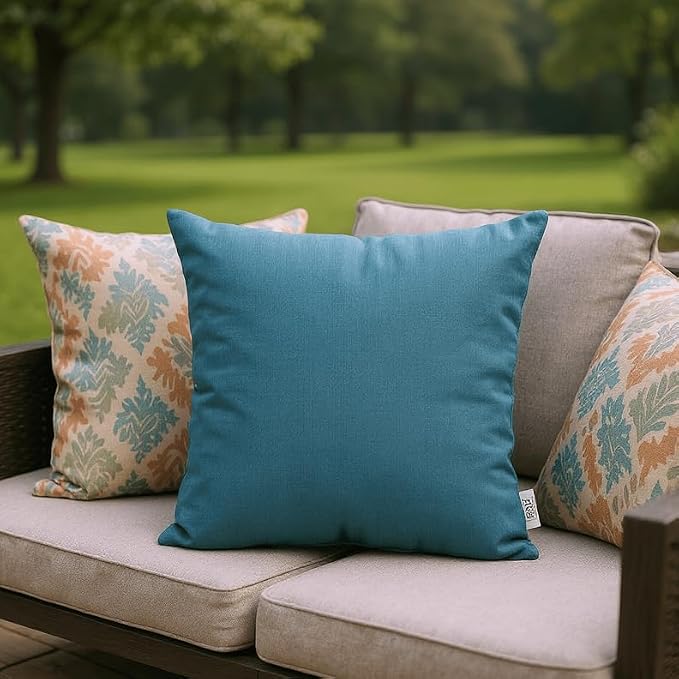 RSH DECOR Indoor Outdoor Sunbrella Set of 4 Square Pillows (24" x 24", Seville Seaside & Spectrum Peacock) - Made in USA
