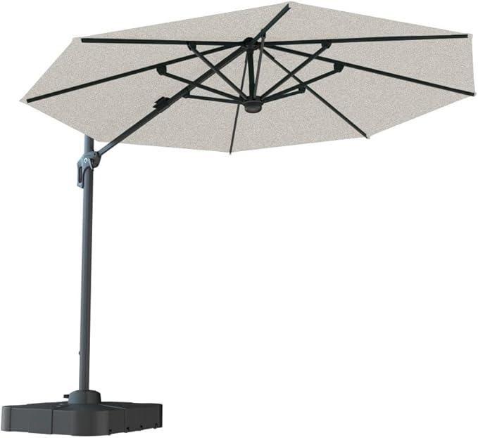 Midtown Umbrellas The Grande Round 10 FT Outdoor Cantilever Patio Umbrella w/Sunbrella Chartres Silk Acrylic Fabric - 8 Rib Aluminum Frame Offset w/Tilt And 360° Rotate Pedal System - Black Frame