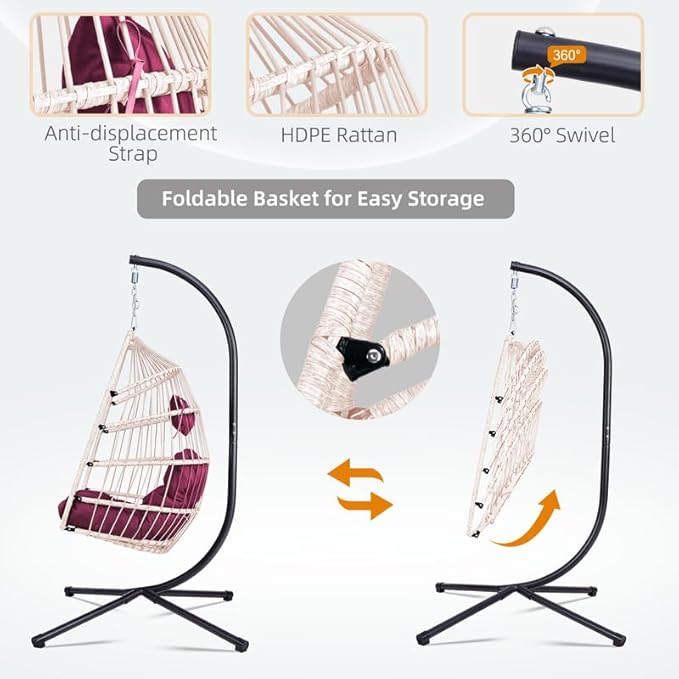 Outdoor Egg Hanging Chair with Stand, Patio Wicker Swing Egg Chair Indoor Swinging Chair Outdoor Hammock Egg Chair. Rose red