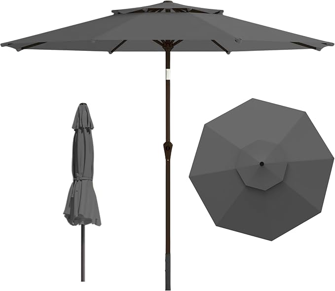 9ft 2-Tiers Patio Umbrella,Outdoor Market Table Umbrella with Push-Button Tilt & Crank | UV Protection,Suit for Backyard,Garden,Pool,Deck(Gray)