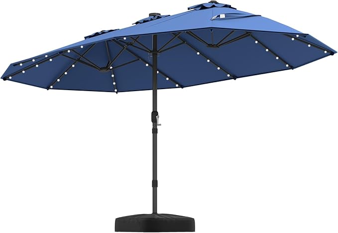 Tangkula 15FT Double-Sided Solar Patio Umbrella, Extra-Large Outdoor Twin Umbrella with 48 LED Lights, Vented Top, Crank Handle, 12 Ribs, Weighted Base Included for Backyard Poolside Deck (Navy)