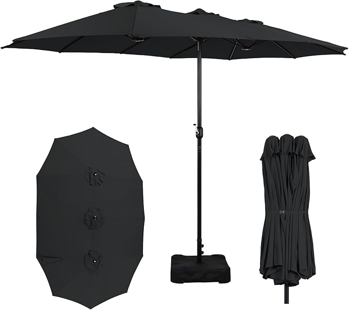 15FT Extra Large Patio Umbrella with Base Included, Heavy Duty Rectangle Outdoor Market Umbrella with 12 Strong Ribs for Patio, Garden, Lawn, Deck & Pool