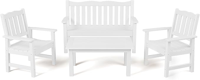 Stoog 4-Piece Outdoor Furniture Set, All-Weather Patio Dining Sets, Include 1 Bench, 2 Chairs and 1 Coffee Table, White